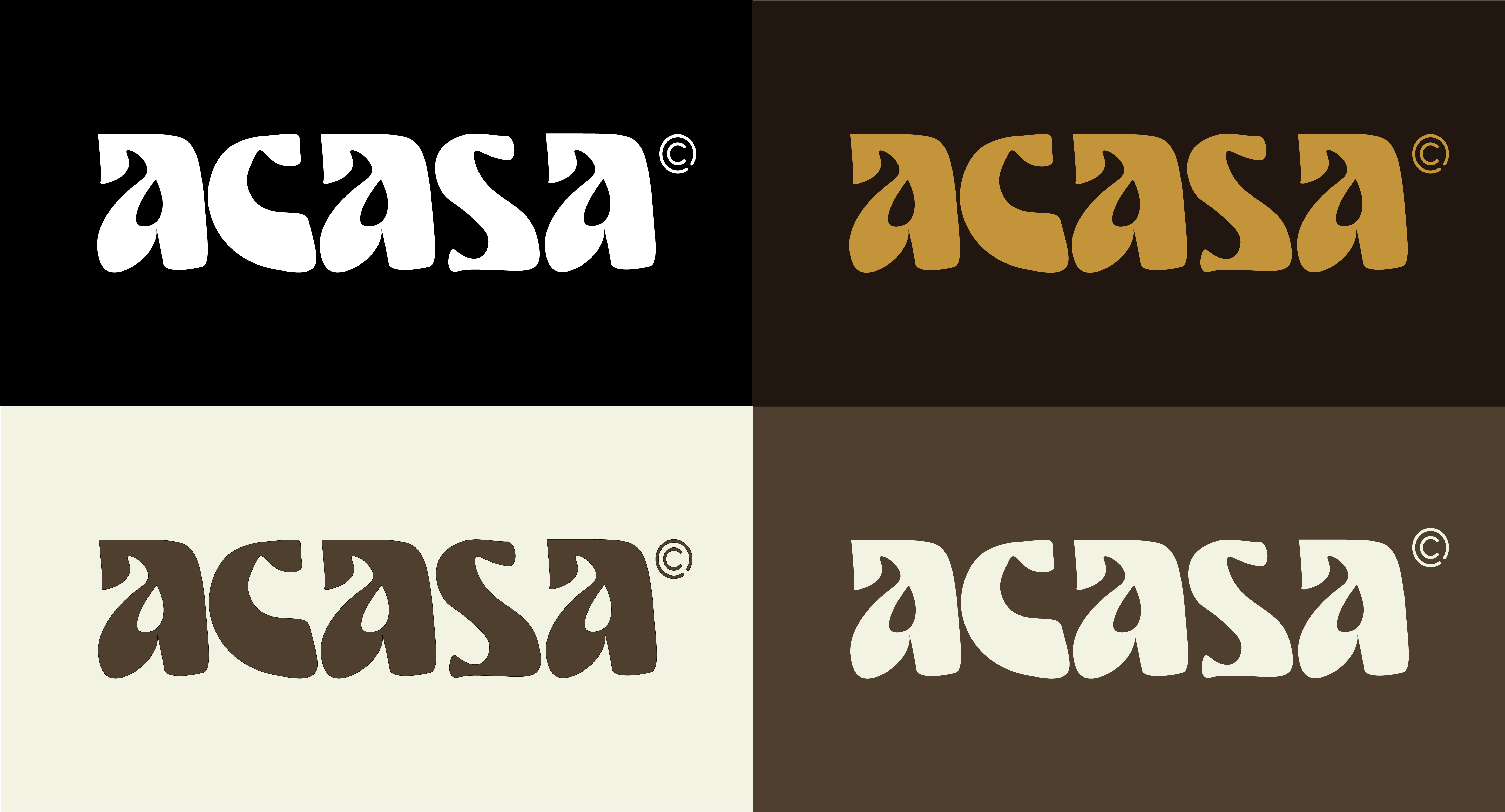Wordmark Acasa décliné en quatre variations couleur — blanc, ocre et crème sur fonds noir et brun