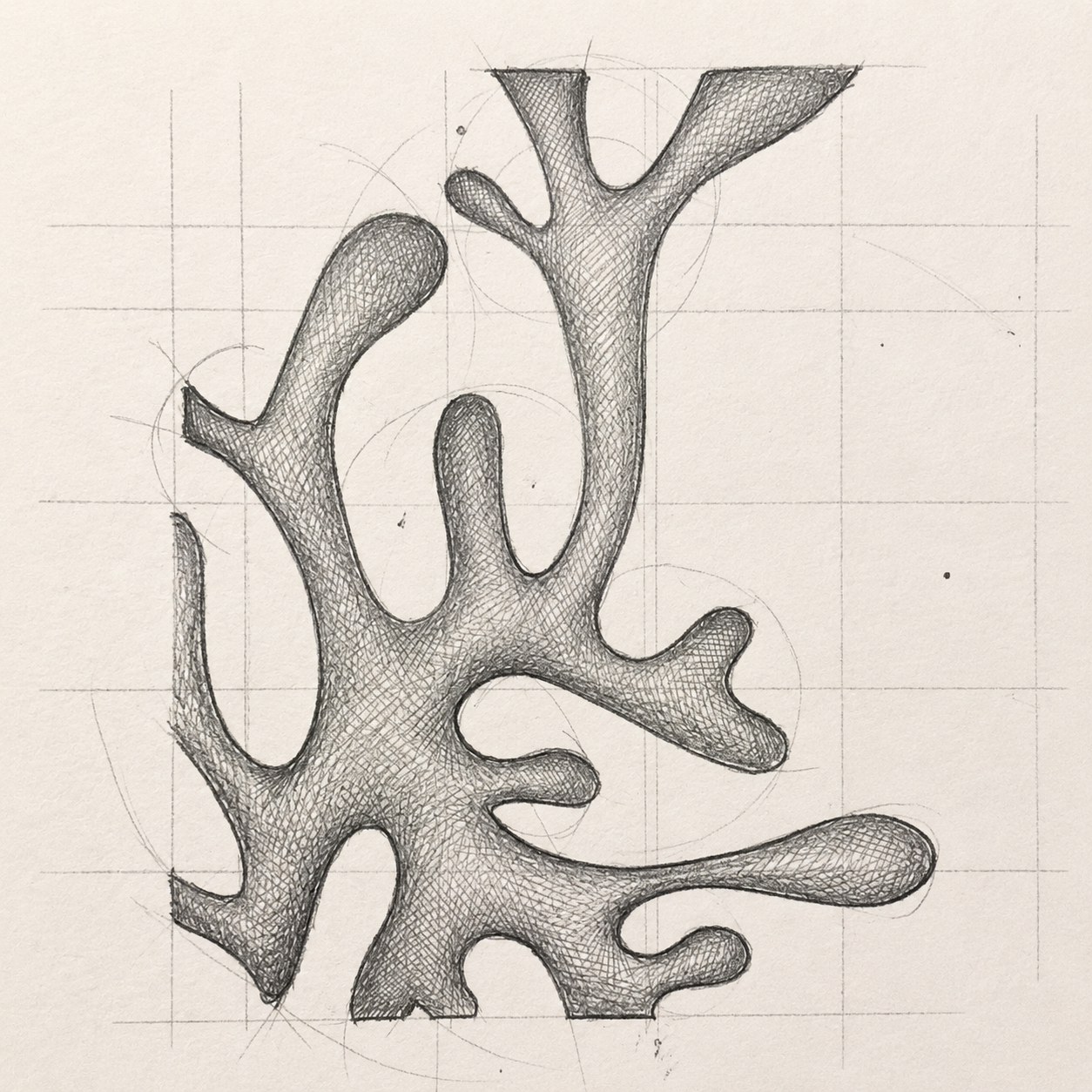 Croquis du motif Sea Moss de Koryaa — étude de la forme organique au crayon sur grille