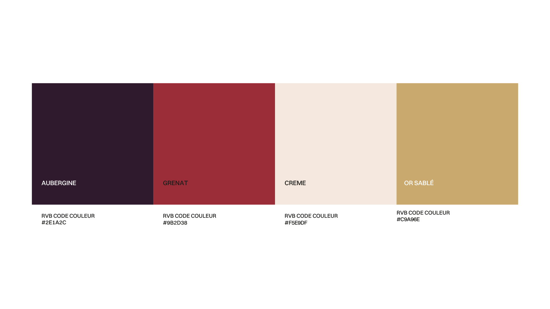 Palette couleur Koryaa — Aubergine #2E1A2C, Grenat #9B2D38, Crème #F5E9DF, Or sablé #C9A96E