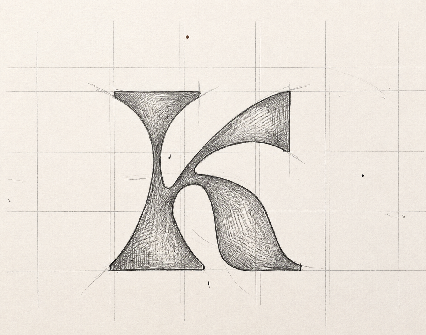 Croquis de construction du wordmark Koryaa — tracé du K sur grille au crayon