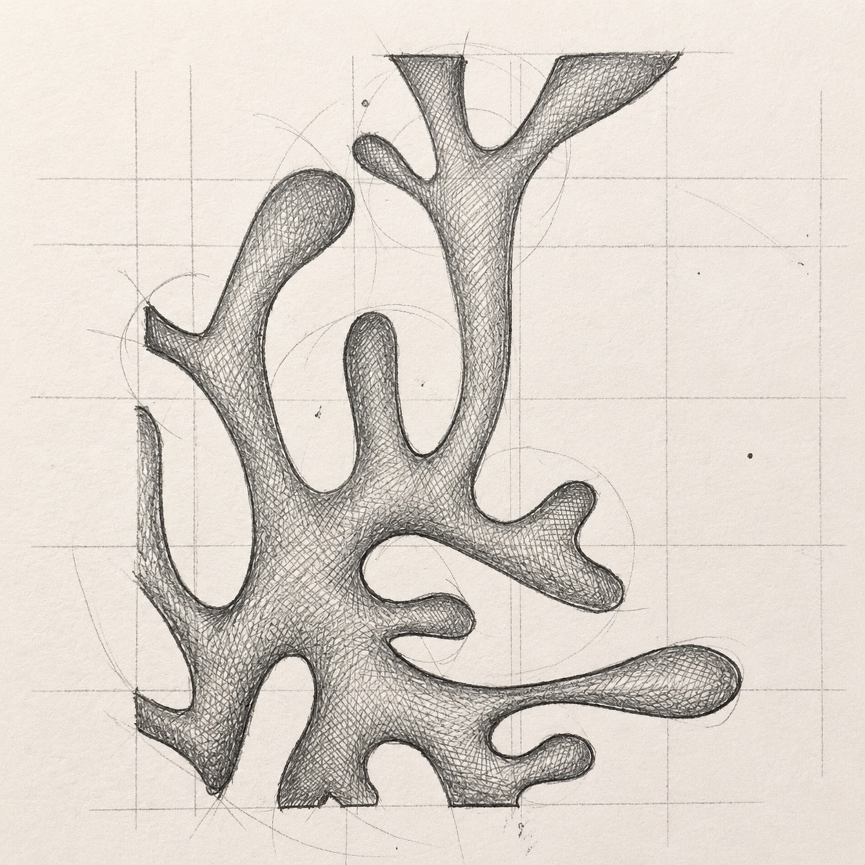 Croquis du motif Sea Moss de Koryaa : étude de la forme organique au crayon sur grille