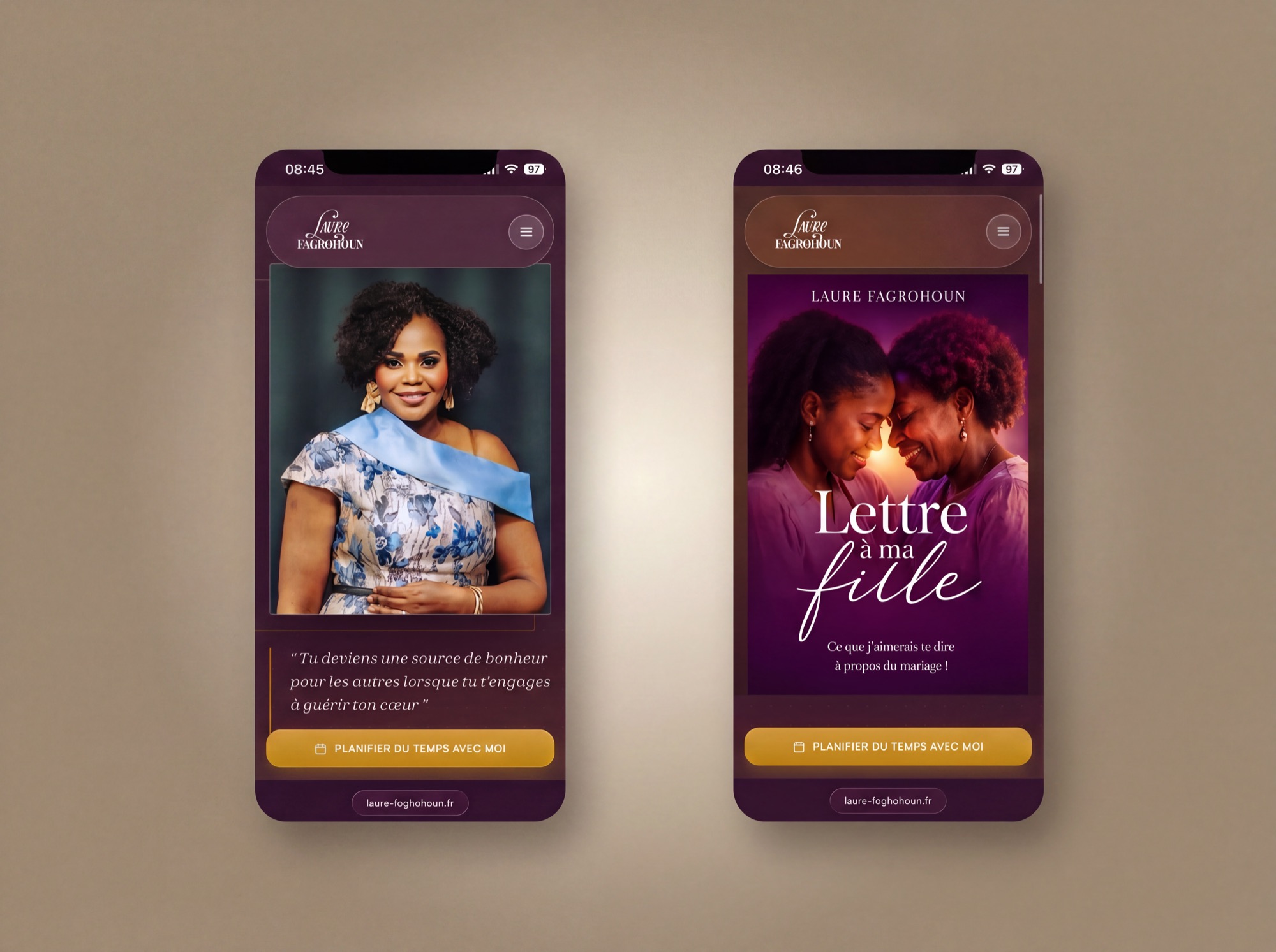Site Laure Fagbohoun en version mobile : accueil et page du livre « Lettre à ma fille »